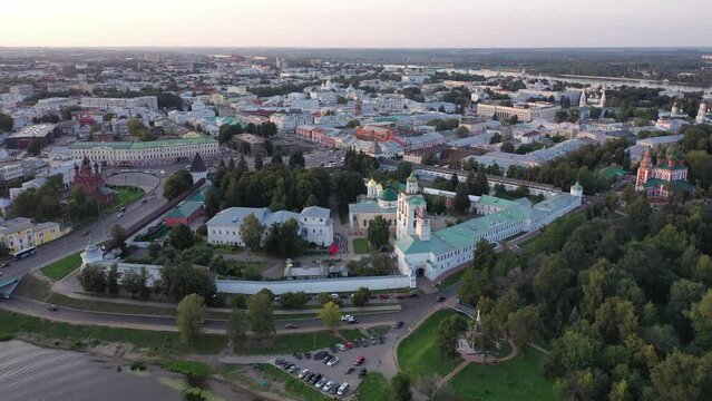 Picturesque summer view of russian town of Yaroslavl with many churches and Kotorosl river at sunset