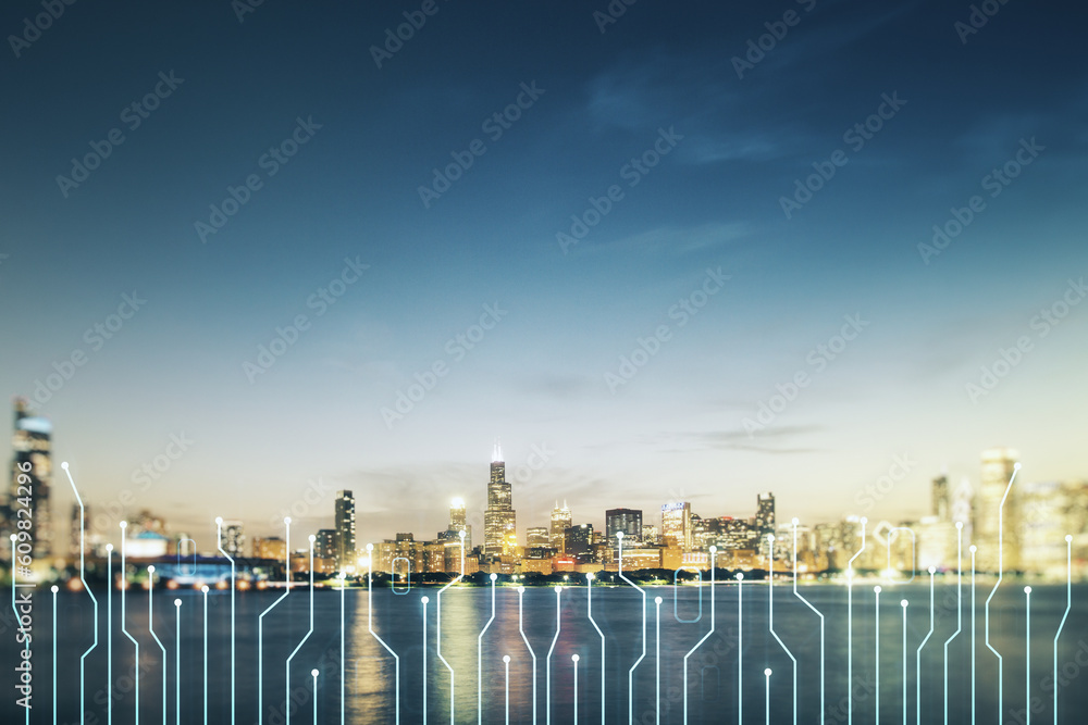 Poster abstract virtual micro chip hologram on chicago cityscape background, artificial intelligence and ma