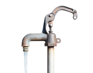 Isolated running water from faucet tab. Close up of flowing water from a on old outdoor water tab. Concept for safe accessible drinking water. Selective focus. Transparent