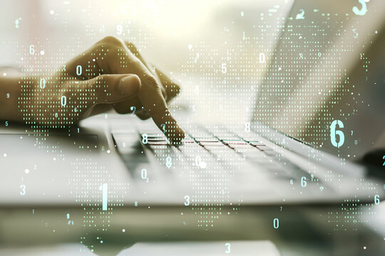 Double exposure of abstract creative programming illustration with world map and hand typing on laptop on background, big data and blockchain concept