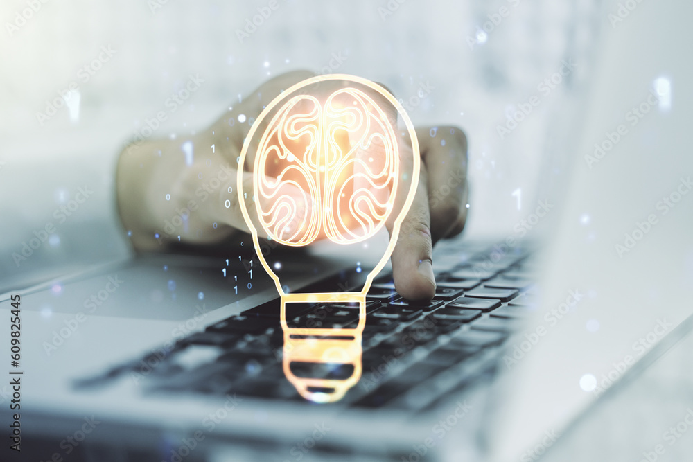 Poster creative idea concept with light bulb and human brain illustration and with hands typing on laptop o