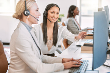 Fototapeta premium Call center, training and woman at desk with computer, manager and discussion at help desk with advice from leader. Learning, planning and help, crm agent and mentor in customer service for support.