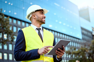 Thinking, tablet and a man construction worker in the city for planning, building or architectural...