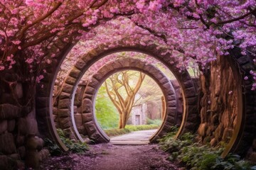 A mystical portal surrounded by blooming flower arches leading to an enchanting secret garden. Generative AI