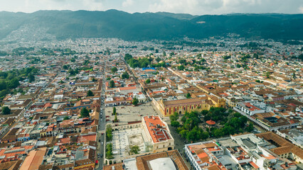 Aerial Drone shot of Central Square in San Cristobal de Las Casas in the sunny morning day