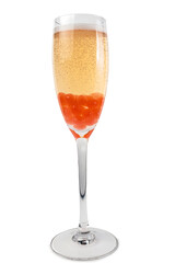 A studio shot of an alcoholic cocktail garnished with red caviar in a drinking glass isolated on a white background.