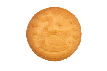 Round biscuits with the image of a swan on a white background. Biscuits isolated on a white background.