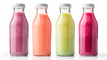Fresh fruit smoothies in glass bottles, a vegetarian concept