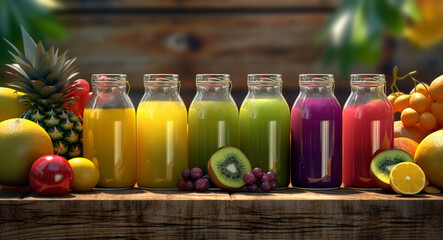 Fresh fruit smoothies in glass bottles, a vegetarian concept
