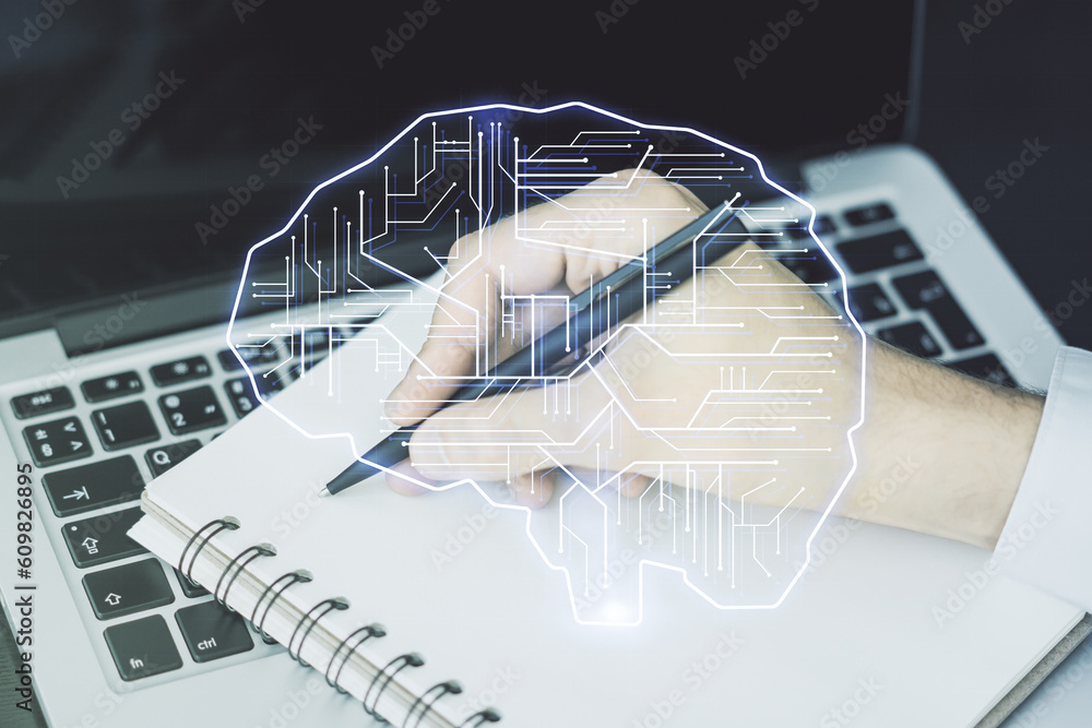 Poster creative artificial intelligence concept with human brain sketch and hand writing in diary on backgr
