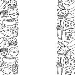 fast food background with place for text. Doodle fastfood icons. Drawn food illustration
