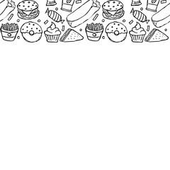 fast food background with place for text. Doodle fastfood icons. Drawn food illustration