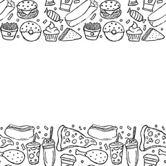 Fototapeta na wymiar fast food background with place for text. Doodle fastfood icons. Drawn food illustration