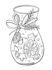 sketch line illustration drinks menu summer lemonade with citruses mint and lavender in a jug design element print stickers and coloring