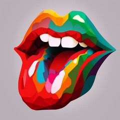 Pop art colorful red lips. Sexy woman's Half-open mouth, licking, tongue sticking out low poly, pop...