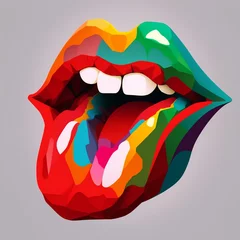 Fototapeten Pop art colorful red lips. Sexy woman's Half-open mouth, licking, tongue sticking out low poly, pop art style Generative AI © Daria
