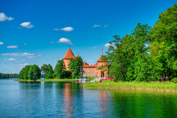 Fototapeta na wymiar Trakai, Lithuania - July 10, 2017: Trakai island castle at Galve lake, near Vilnius