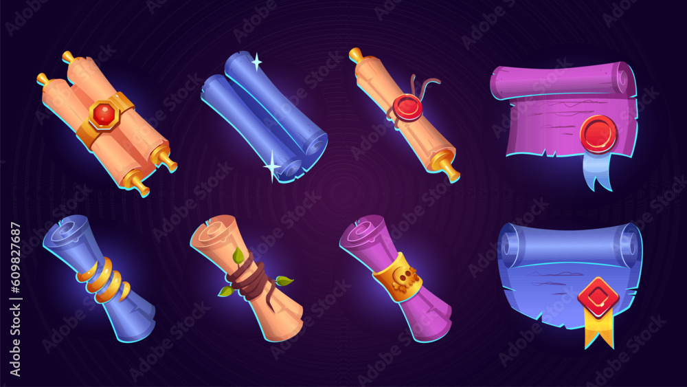 Poster magic scroll parchment ui game icon cartoon vector icon. fantasy ancient papyrus for old treasure or