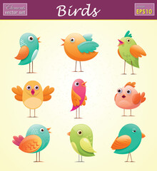 Set of cute little colorful Cartoon style birds