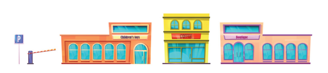 Parking grocery store building exterior vector set. Grocery retail supermarket front view illustration with toy market and boutique. Barrier and sign asset collection for commercial outdoor scene
