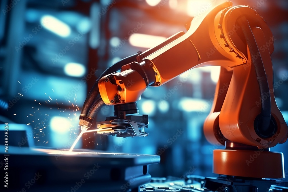 Poster Robotic arm for electronic assembly line. Smart modern factory automation using advanced machines. Generative AI