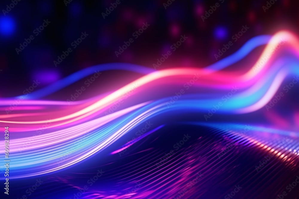Poster Abstract futuristic background with pink blue glowing neon moving wave lines and bokeh lights. Generative AI