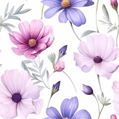 Seamless watercolor pattern with flowers and leaves. Floral pattern for wallpaper or fabric. Botanic Tile. Generative AI