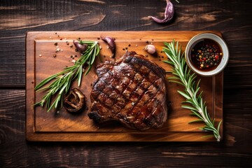 Fototapeta Grilled meat barbecue steak on wooden cutting board with rosemary and copy space. Top view. obraz