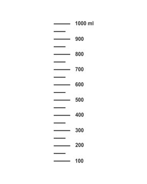 Scale with 1 liter or 1000 ml liquid volume for cooking measuring cups or chemistry flasks isolated on white background. Vector graphic illustration.