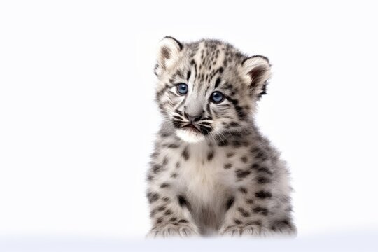 Snow Leopard cub isolated on on white background, Panthera uncia. Generative AI