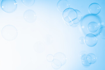 Beautiful Transparent Blue Soap Bubbles Abstract Background. White Blank Space. Celebration Festive Backdrop. Freshness Soap Suds Bubbles Water	
