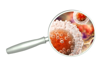 Magnifying glass and pathogenic bacterias and viruses. Fast multiplication of bacteria. Infection and microbe. Isolated on white background. 3d render