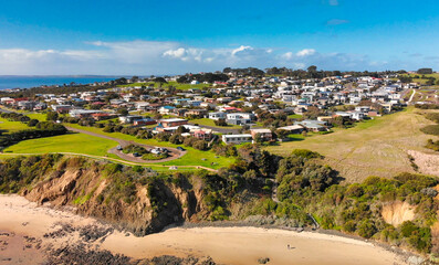 Aerial view of San Remo coastline near Phillip Island, Australia