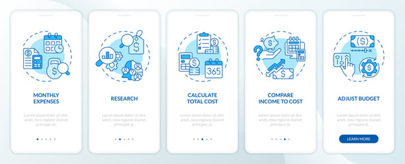 Calculate costs of living blue onboarding mobile app screen. Money expense walkthrough 5 steps editable graphic instructions with line concepts. UX, GUI template. Myriad Pro-Bold, Regular fonts used - obrazy, fototapety, plakaty