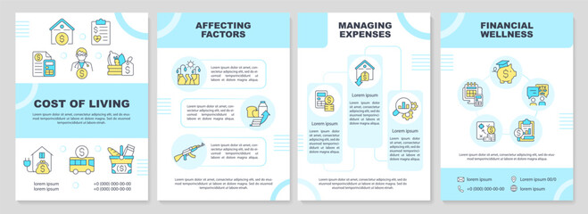 Cost of living turquoise brochure template. Basic need. Leaflet design with linear icons. Editable 4 vector layouts for presentation, annual reports. Arial-Black, Myriad Pro-Regular fonts used