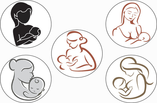 Set collection of breast feeding icons. Theme to motivate mothers. Infant milk marketing flyer idea. Breast feeding day.