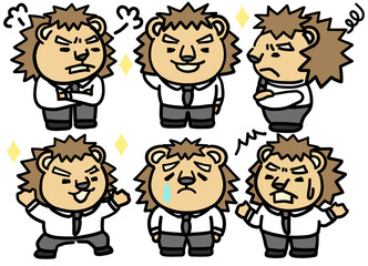 ライオンを擬人化した会社員の表情セット
