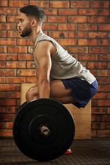Weightlifting, workout and man with barbell for deadlift exercise, bodybuilder training and...