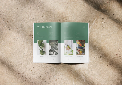 Mockup of open A4 saddle stich magazine with customizable content