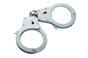 Metal handcuffs on a white isolated background, copy space
