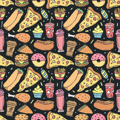Seamless fast food pattern. fast food background. Doodle fastfood icons. Drawn food pattern