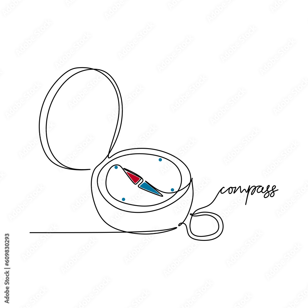 Poster one line drawing continuous design of compass isolated on white background.