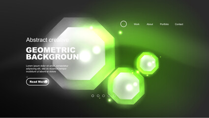 Obraz premium Abstract background landing page, geometric shape illuminated with glowing neon light on dark background. Futuristic city lights concept