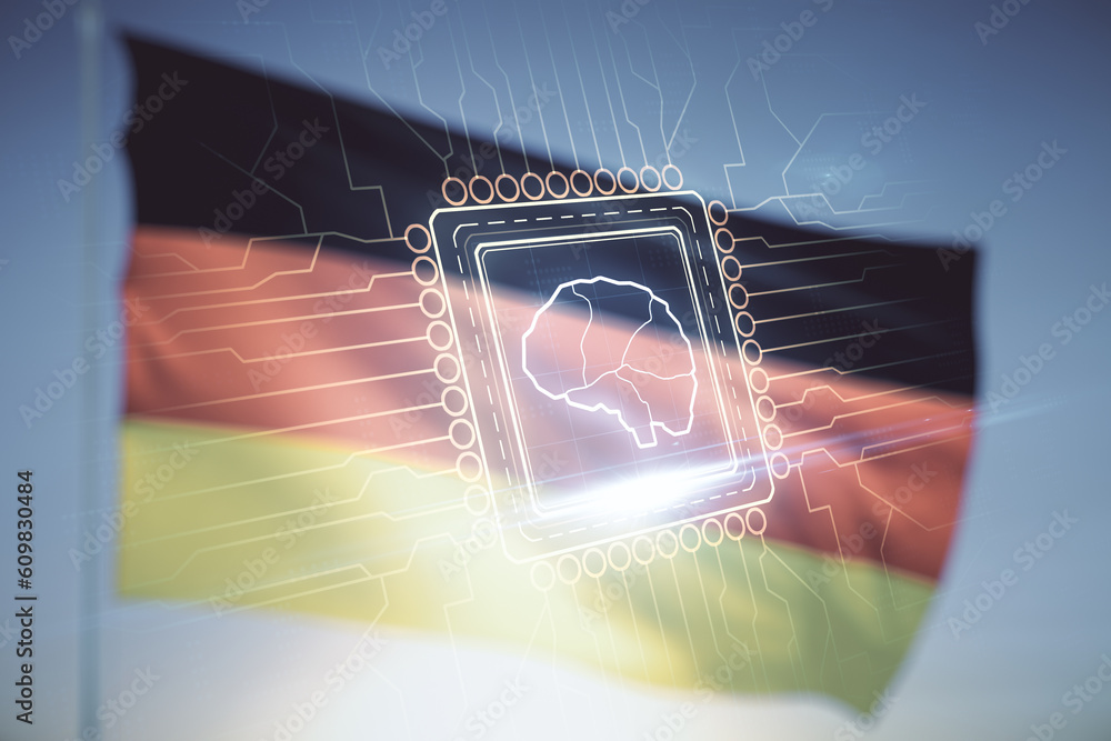 Poster double exposure of creative artificial intelligence interface on german flag and blue sky background