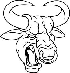 A bull or Minotaur monster longhorn cow angry mean head mascot face cartoon. With a ring through their nose.