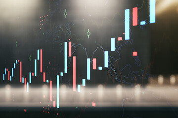 Obraz premium Abstract virtual financial graph hologram on blurry contemporary office building background, financial and trading concept. Multiexposure