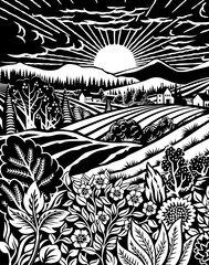 Rolling hills, fields and farm or vineyards background illustration. Wild flowers, plants in foreground. Forests, mountains in background. In intage retro woodcut or lino print or linoleum cut style - obrazy, fototapety, plakaty