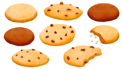 Set of many fresh delicious crispy sweet cookies. The pastry with pieces of chocolate and crumbs on table. yummy for a tea party and a snack. Isolated hand drawn digital watercolor illustration: print