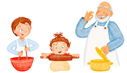 The family is preparing dinner or lunch. funny boy and grandpa in aprons. A small child kneads the dough, a teenager stirs. The brothers are having fun. Friends laugh happily. Watercolor digital set