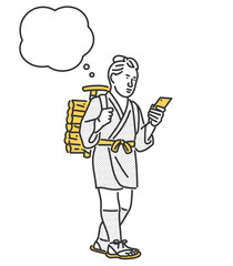 スマホを手に持ち思案する二宮金次郎のイメージイラスト素材